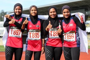 Skuad 4 x 100 m Lari Berganti Wanita Terengganu Hanelang turut meraih pingat emas buat kontijen negeri Terengganu dengan catatan masa 47.010 . Kredit Foto - Sekretariat SUKMA Perak 2018